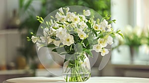 A Timelessly Beautiful Bouquet of White Freesias, Perfectly Placed on a Household Table photo