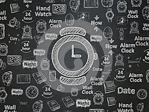 Timeline concept: Hand Watch on School board background