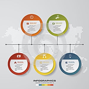 Timeline description. 5 steps timeline infographic with global map background.