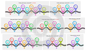 Timeline infographic 2-9 steps timeline concept. Winding road.