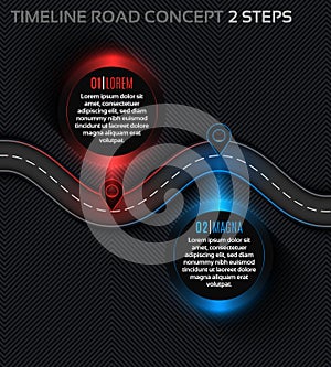 Timeline infographic 2 steps timeline concept. Winding road.