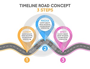 Timeline infographic 3 steps timeline concept. Winding road.