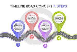 Timeline infographic 4 steps timeline concept. Winding road.