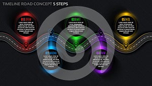 Timeline infographic 5 steps timeline concept. Winding road.
