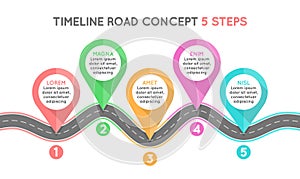 Timeline infographic 5 steps timeline concept. Winding road.