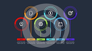 Timeline infographic with 6 elements, template for web, business, presentations. Template for web on a background.