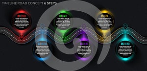 Timeline infographic 6 steps timeline concept. Winding road.