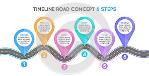 Timeline infographic 6 steps timeline concept. Winding road.