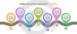 Timeline infographic 7 steps timeline concept. Winding road.