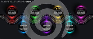 Timeline infographic 7 steps timeline concept. Winding road.