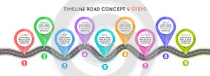 Timeline infographic 9 steps timeline concept. Winding road.