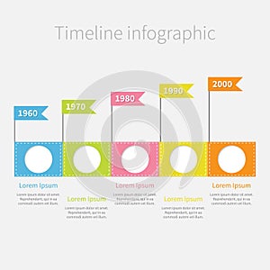 Timeline Infographic with empty circles, flags and text. Template. Flat design.