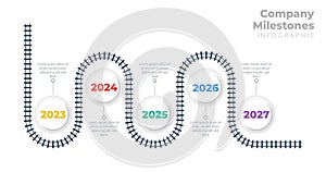 Timeline infographic with five steps and business milestones for process planning or data report. Vector chart with line