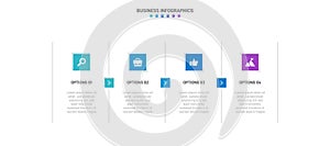 Timeline infographic with infochart. Modern presentation template with 4 spets for business process. Website template on