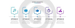 Timeline infographic with infochart. Modern presentation template with 5 spets for business process. Website template on