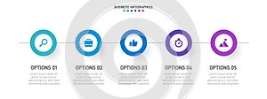 Timeline infographic with infochart. Modern presentation template with 5 spets for business process. Website template on