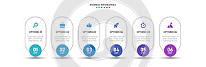 Timeline infographic with infochart. Modern presentation template with 6 spets for business process. Website template on