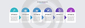 Timeline infographic with infochart. Modern presentation template with 6 spets for business process. Website template on