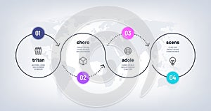 Timeline infographic. Loop process chart with 4 step on world map. Business four options process with numbers. Workflow