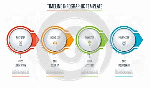 Timeline infographic template of 4 steps, circles, arrows. Banner with place for text and icons. Vector background