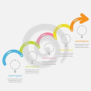 Timeline Infographic upwards arrow with dash line circles and text. Template. Flat design.
