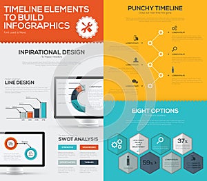 Timeline infographic vector set and business computer flat color