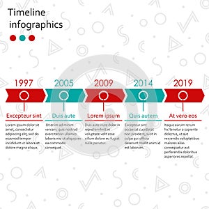 Timeline infographics template with 5 steps and arrows isolated on the abstract background. Vector illustration.