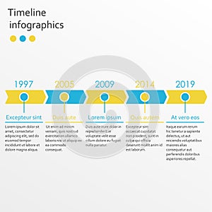 Timeline infographics template with 5 steps and arrows. Vector illustration.