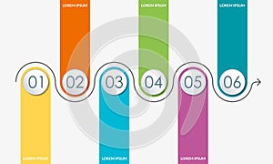 Timeline infographics template with 6 circles and arrow. 6 steps, options, levels or processes. Business presentation concept.