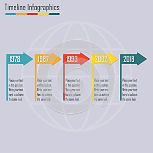 Timeline Infographics template with horizontal arrows. Colorful design elements. Vector illustration.