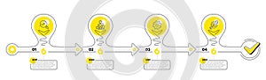 Timeline with lamp light bulbs and icons. 4 steps idea journey path chart of business project process. Vector