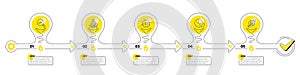 Timeline with lamp light bulbs and icons. 5 steps idea journey path chart of business project process. Vector
