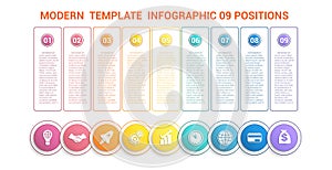 Timeline modern template infographic for business 9 steps, processes, options, parts.