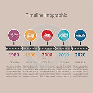 Timeline vector infographic with transport icons and text in retro style