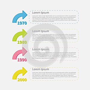 Timeline vertical Infographic with colored arrows and text. Template. Flat design.