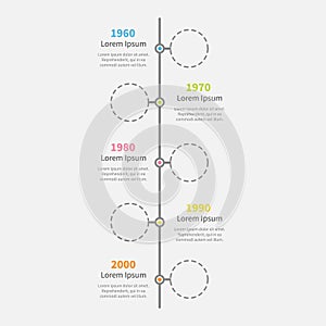 Timeline vertical Infographic with empty dash line circles and text. Template. Flat design.