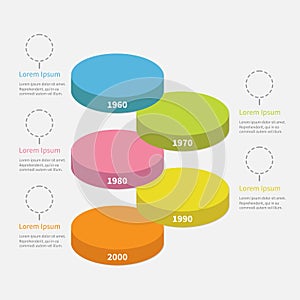 Timeline vertical round colorful stage podium segment Infographic with empty dash line circles and text. Template. Flat design.