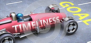 Timeliness helps reaching goals, pictured as a race car with a phrase Timeliness on a track as a metaphor of Timeliness playing