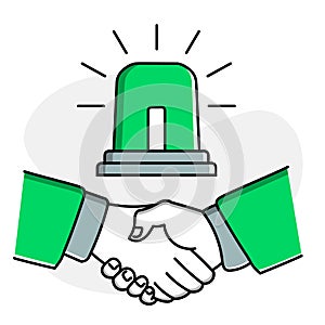 Timely Collaboration Icon. A handshake icon with an alarm icon to represent timely collaboration and cooperation between two