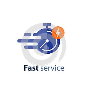 Timely service, fast delivery, time period, stopwatch in motion, vector icon