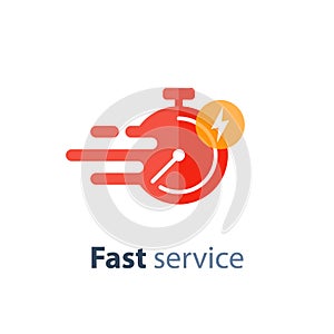 Timely service, fast delivery, time period, stopwatch in motion, vector icon