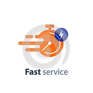 Timely service, fast delivery, time period, stopwatch in motion, vector icon