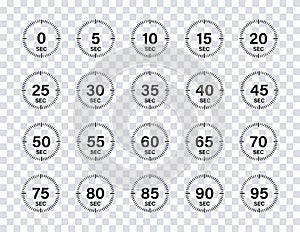 Timer chronometer countdown set. Vector isolated collection digital elements on transparent background. Stopwatch black vector set