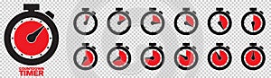 Timer, clock, stopwatch isolated set icons with different time. Countdown timer symbol icon set.