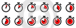 Timer, clock, stopwatch isolated set icons with different time. Countdown timer symbol icon set. Sport clock with red colored time