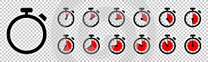 Timer, clock, stopwatch isolated set icons with different time. Countdown timer symbol icon set. Sport clock with red colored time