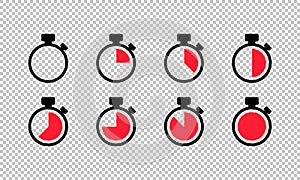 Timer icon set on transparent background. Stopwatch symbol. Countdown timers. Time management. Time clock sign. Watch icon. Vector