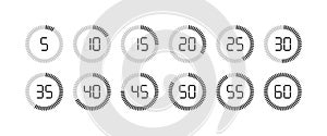 Timer icon. Stopwatch with second and minute. Clock for time, countdown and stop. Watch with sec from 5 to 60. Chronometer for