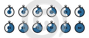 Timer Icons 5 Minutes To 1 Hour - Black And Blue Vector Illustrations Set - Isolated On White Background