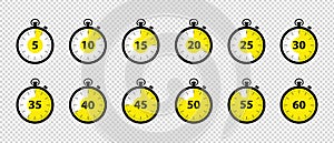 Timer Icons 5 Minutes To 1 Hour - Black And White Vector Illustration Set - Isolated On Transparent Background